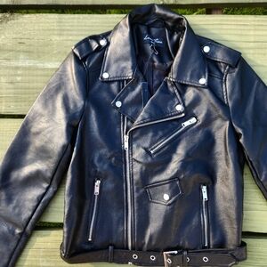 Barney's Originals boxy buckle belt leather jacket in black